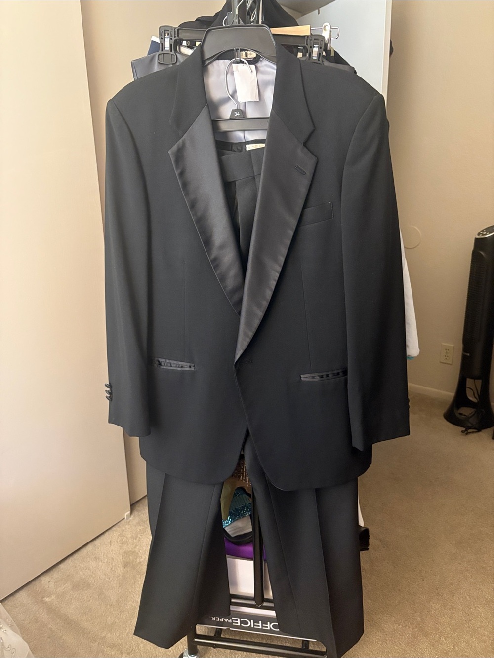 Dior Black Satin-Lapel Tuxedo Jacket w/ black trousers